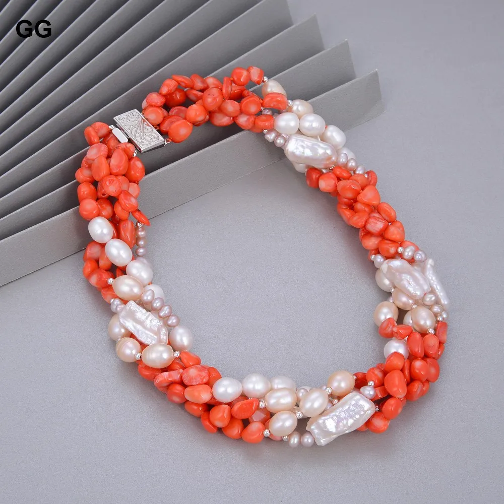 GuaiGuai Jewelry 19" 5 Strands Natural White Biwa Pearl Pink Rice Purple Orange Coral Necklace For Women | Украшения и
