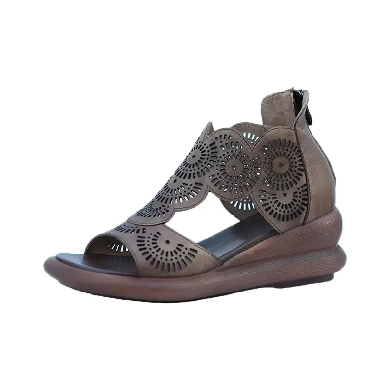 

2021 Summer New Wedge Heel Thick-soled Hollow Breathable Sandals, Rear Zipper Side Hollow Fish Mouth Open Toe Sandals Shoes