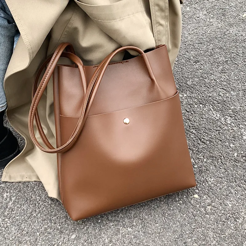 

Large Women Bucket Bag Vintage Solid Color Female Shoulder Composite Bag Big Casual Tote Handbag Ladies Soft Leather Shopper Bag