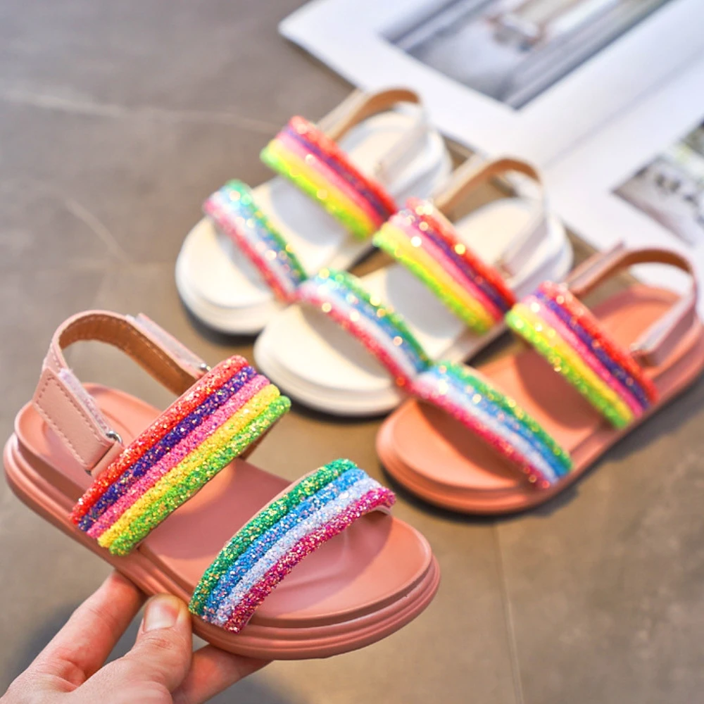 

Little Girl Back to School Sandals Rainbow Glitter Shoes Toddler Children Back to School Shoes Easter Birthday Party Sandals 3t