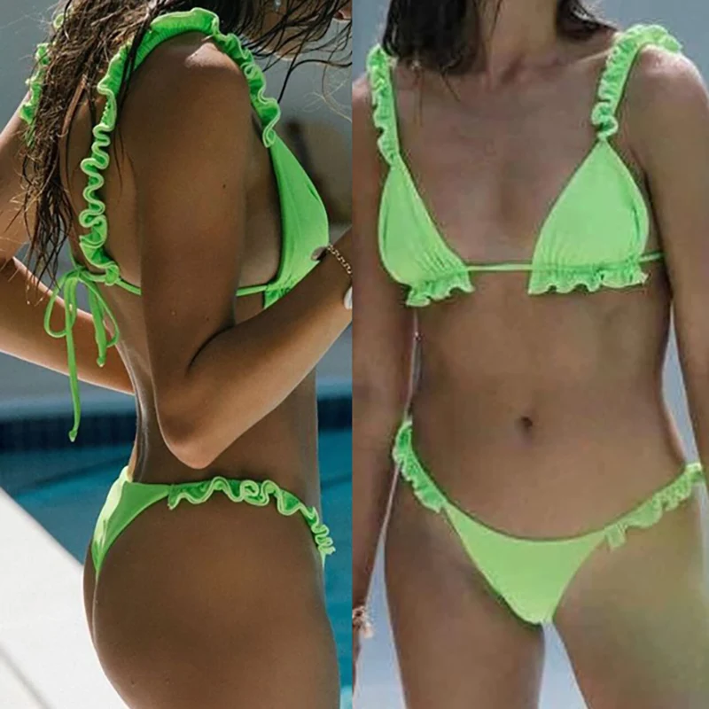 

Sexy Triangle Brazilian Push Up Bikini Set String Bikinis Swimwear Women Falbala Bandage Bathing Suit Triangle Female Biquini