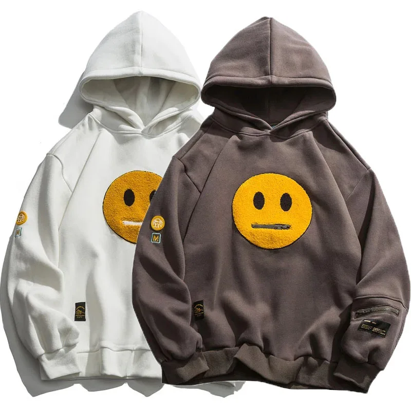 

Zipper Pocket Smile Face Patchwork Fleece Hoodies Sweatshirts Streetwear Mens Hip Hop Casual Pullover Hooded Male Tops