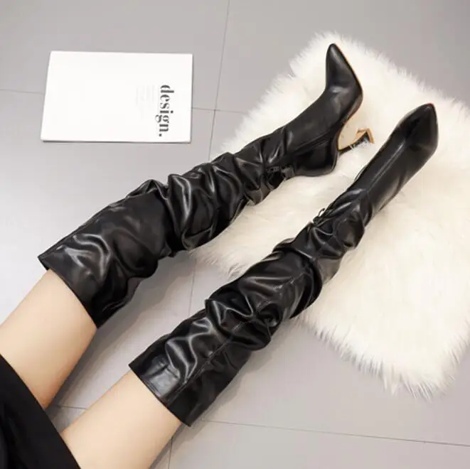 New Design Pleated Leather Over The Knee Boots Fashion Runway Strange High Heels Sexy Pointed Toe Zip Womans Shoes | Обувь
