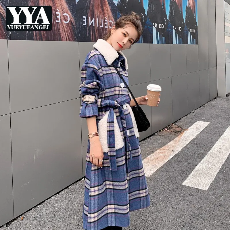 

Женское длинное шерстяное пальто с поясом, модное шикарное приталенное однобортное пальто в клетку с отложным воротником и карманами, сезо...