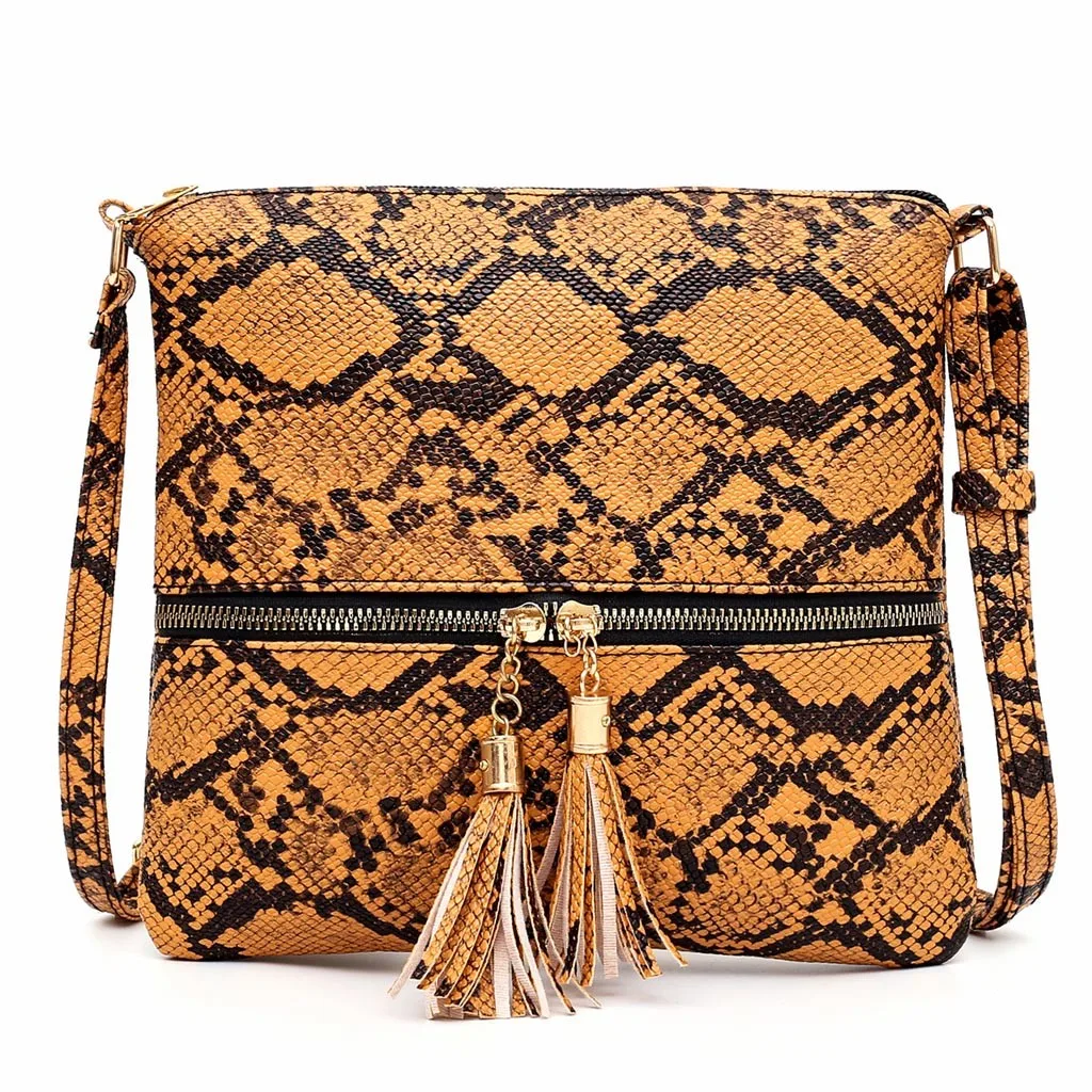 Fashion Women Tassel Snake Printing Zipper Messenger Bag Handbag Shoulder Bag Elegant Small Square Bags#YJ