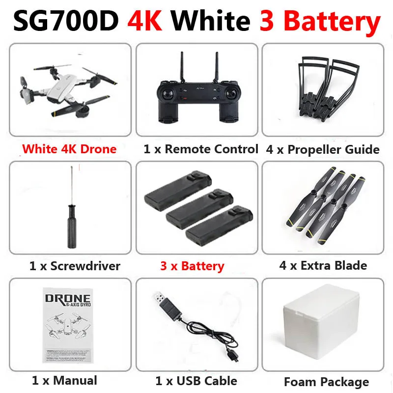 White 4K 3b Foam SG700-D WiFi FPV RC Дрон с двойной камерой 1080P 720P 4K селфи Профессиональный складной оптический поток Квадрокоптер вертолет - Цвет: White 4K 3b Foam