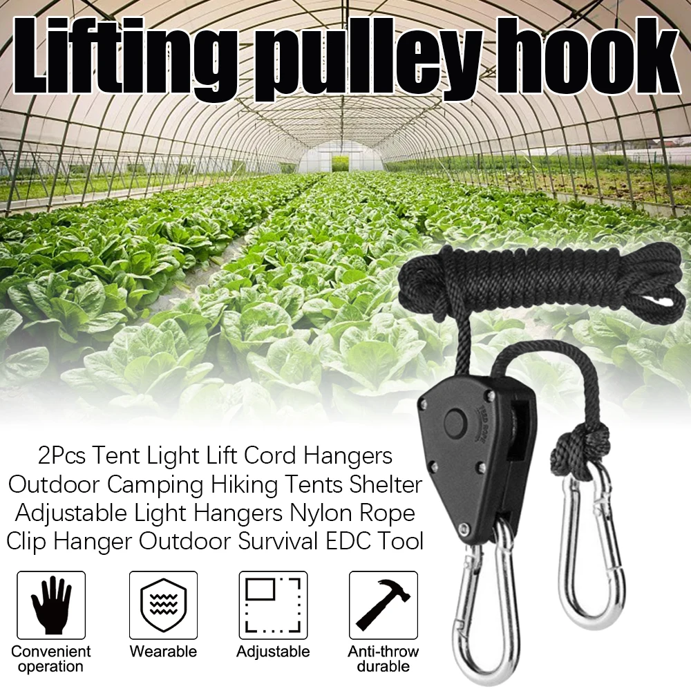 

Useful Adjustable 1 Pair 2 PCS 1/8" Hanging Rope Ratchet Lights Lifters Led Grow Light Hangers Zinc Alloy Hook Plastic Pulley