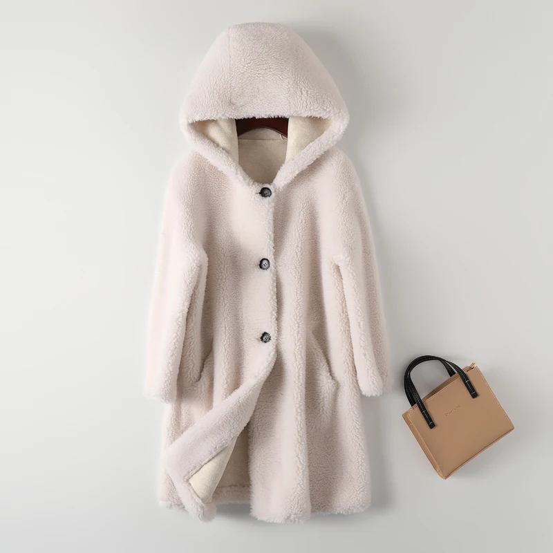 Genuine natural sheepskin fur coat women's casual warm fur coat with hood winter 2021