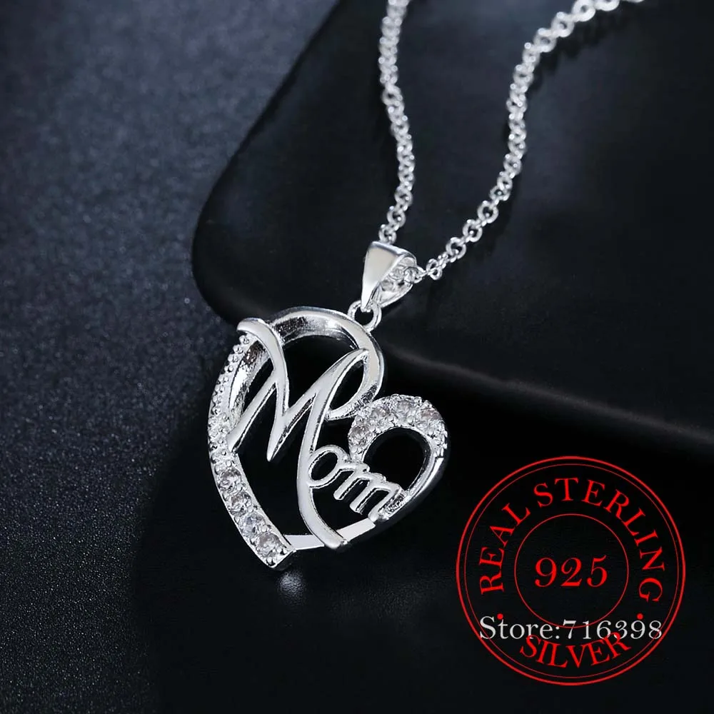 

Letter Mom 925 Sterling Silver Fashion AAA Zirconia Crystal Charm Loves Heart Necklace & Pendant Women Mother's Day Gift For Mum