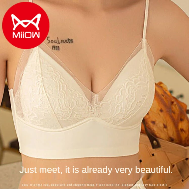 

MiiOW New Underwear Women's Summer Thin Section, Big Breasts, Small Rimless Lace Triangle Cup Beauty Back Strap Bra