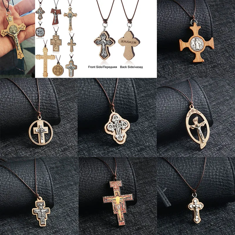Мужские ожерелья с деревянным крестом Иисуса Святого Бенедикта религиозные