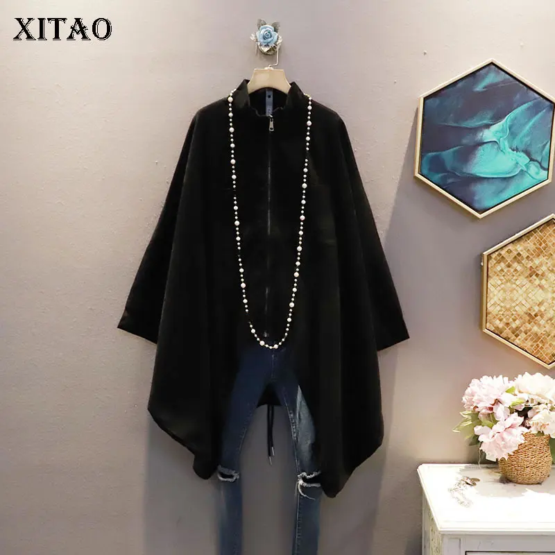 

XITAO Zipper Temperament Trench 2021 Autumn and Winter New Fashion Irregular Hem Solid Color All-match Loose Women GWJ1292