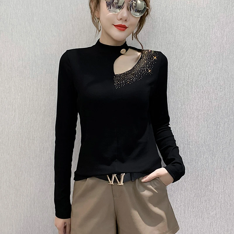 

#5743 Black Basic T Shirt Women Hollow Out Diamonds Sexy Long Sleeve T Shirt Cotton Slim Tight Top Female Fashion Split Joint