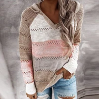 women sweater v neck patchwork hooded sweater woman casual striped long sleeve knitted sweater top winter elegant pullover jumpe