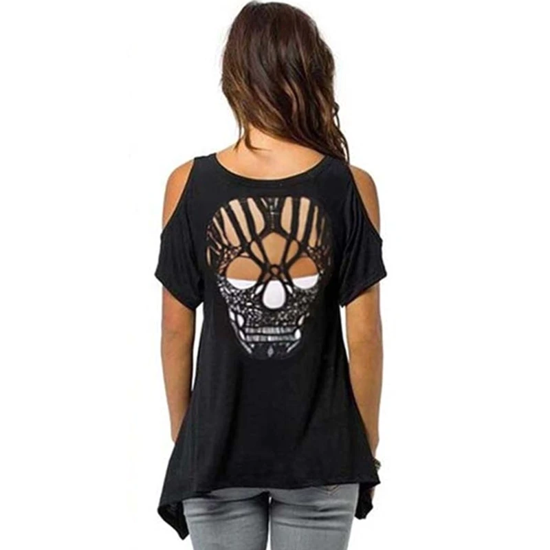 

Women Cold Shoulder Short Sleeve T-Shirt Cut Hollow Skull Backless Casual