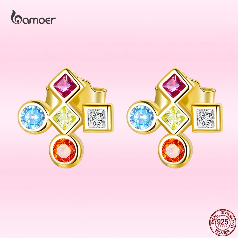 

Bamoer Authentic 925 Sterling Silver Colorful Cross Stud Earrings Luxury Gold-Plated Ear Studs for Women Noble Wedding Jewelry