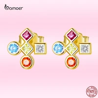 bamoer authentic 925 sterling silver colorful cross stud earrings luxury gold plated ear studs for women noble wedding jewelry
