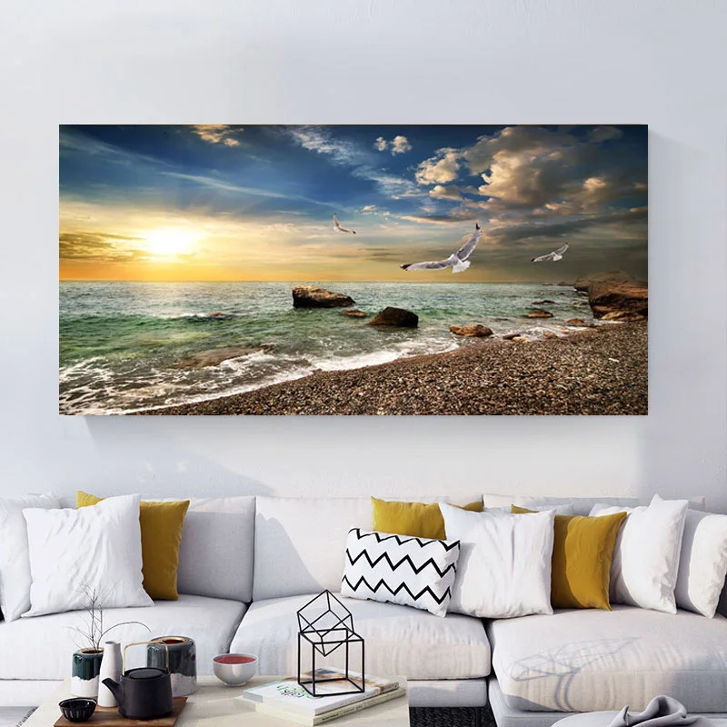 

SELFLESSLY ART Natural Landscape Poster Sky Sea Sunrise Painting Printed On Canvas Home Decor Wall Art Pictures For Living Room