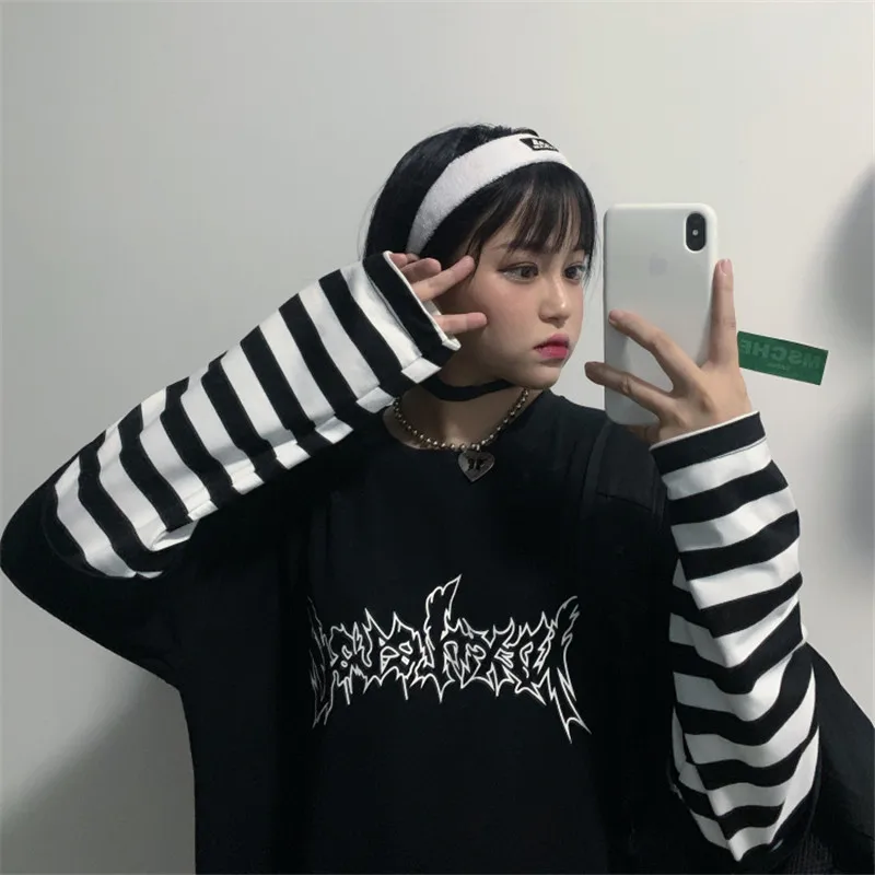 Lychee Harajuku Лоскутная полосатая женская футболка поддельные 2 шт Женская футболка с буквенным принтом с длинным рукавом женские футболки
