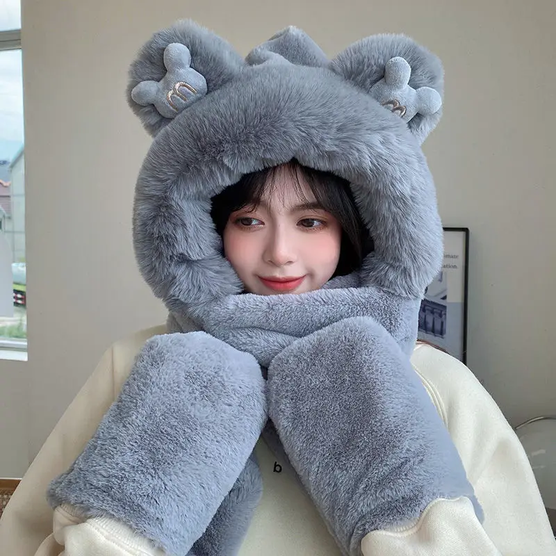 

Bear Hat Women Winter Scarf Bib Fluffy Hats Gloves Kawaii Warm Thicken Tab All-In-One Brown White Cap Bear Ears Christmas Gift