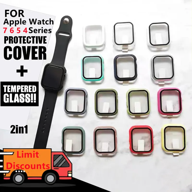

Case+Glass Screen Protectors for Apple Watch 7 45mm 41mm 44mm 42mm 40mm Cover Accessories for Apple Iwatch Series 7 6 5 4 3 38mm