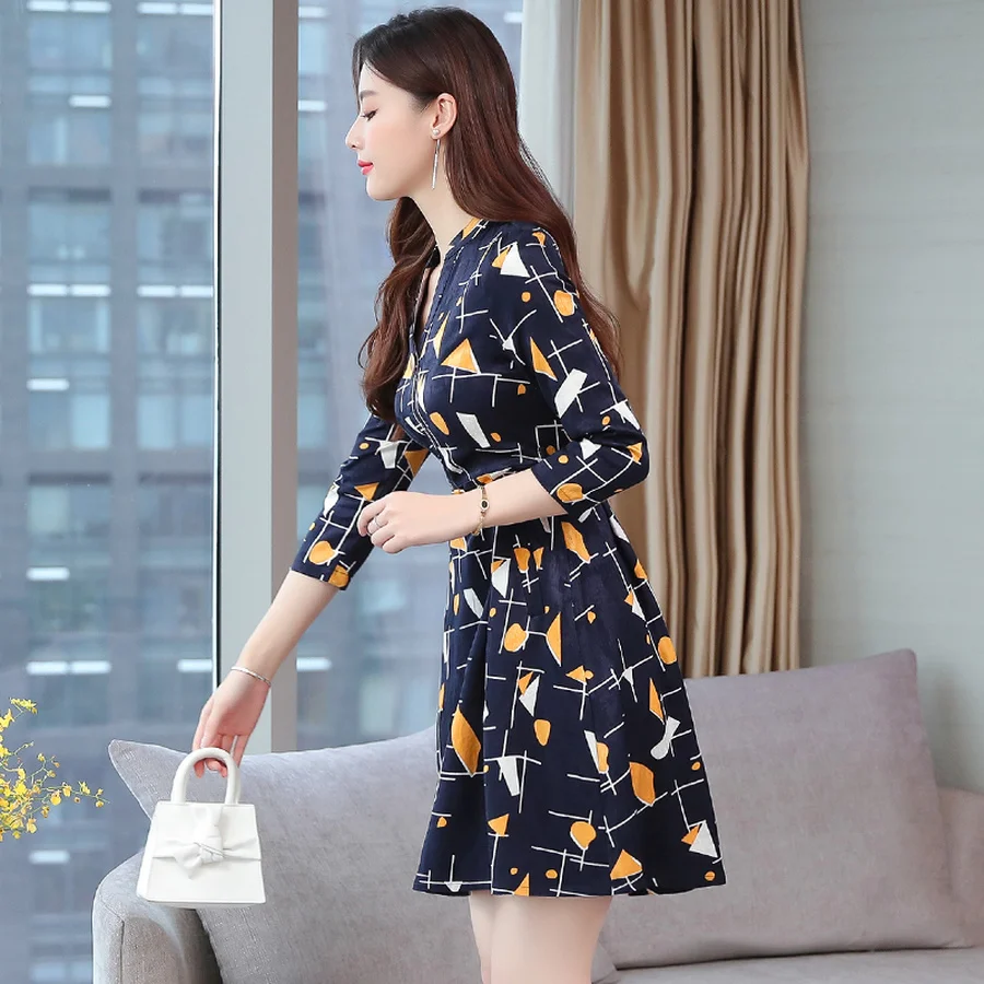 Vintage Print Chiffon Long Sleeve Mini Dress Autumn Winter Chic Plus Size Women Bodycon Dress Elegant Femal Party Vestidos