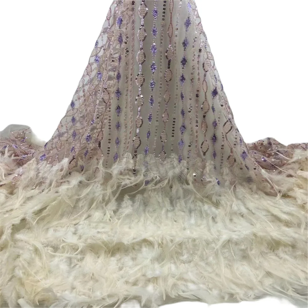 

beautiful African embroidered sequins lace fabric luxury feather Nigerian fabric for party dress