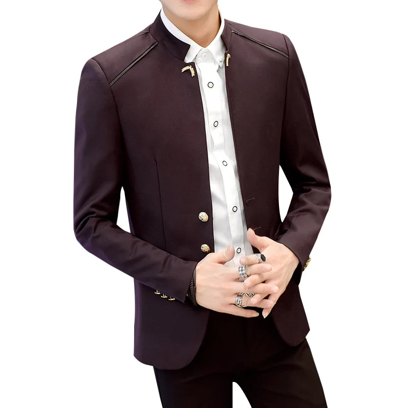 HOO 2022 Spring New Men's Casual Stand Collar blazer Youth Three Button Business Professional Tailored   blazer