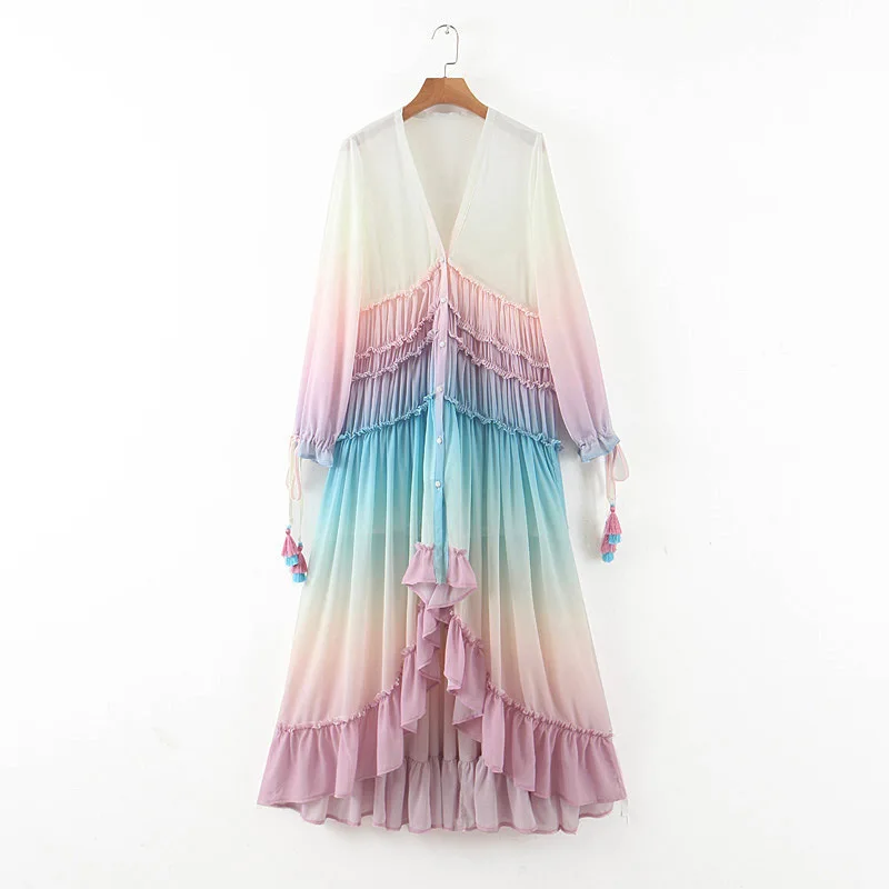 

Deep V Long Sleeve Gradient Print Dress Long Skirt Birthday Dress for Women Women Boho Long Maxi Dress Clothing Women