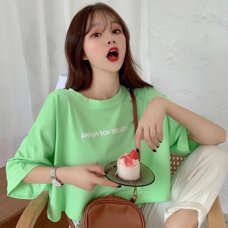 Футболка женская с завышенной талией короткий свободный шикарный элегантный