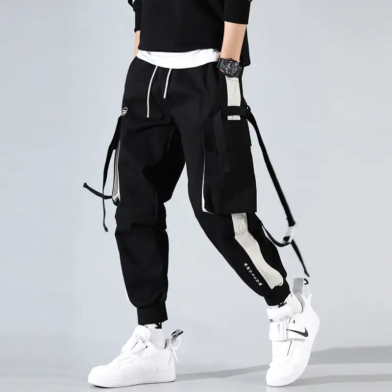 

2021 Camo Cargo Pants for Men Kpop Slacks Hip Hop Male Ins Harem Pants Mens Streetwear High Waist Jogger Pants Black White