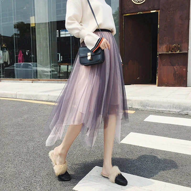 

U-SWEAR Spring Spliced Tulle Contrast Color Asymmetric A-line Long Skirts Elastic Waisted Layered Mesh High Low Skirts Faldas