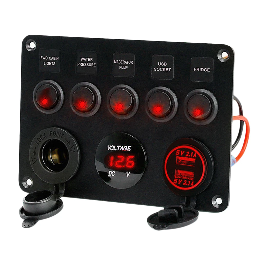 

5 Gang Switch Control Panel LED Rocker 12V/24V Car Boat Marine 2 USB & Voltmeter 15A Fuse Protection Rocker Control Panel