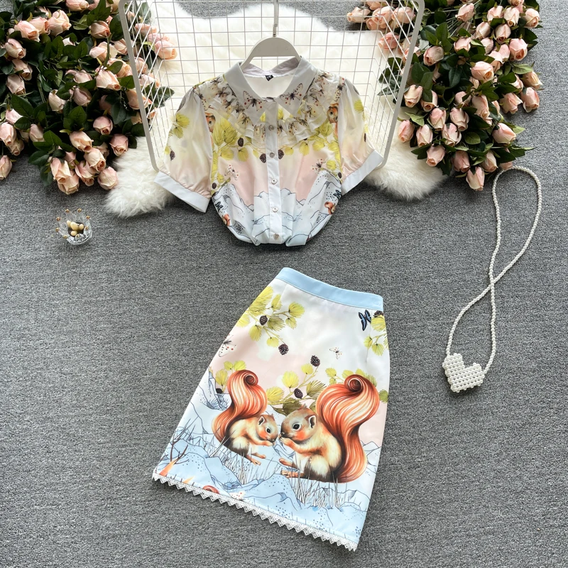 

Women's Summer New Fashion Short Sleeve Print Elegant Shirt + Print A-line Skirt Two Piece Sets S793