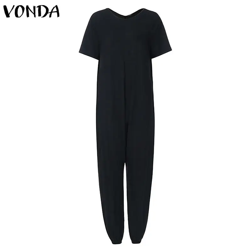 VONDA женские комбинезоны, женские костюмы, однотонные повседневные свободные пляжный костюм с короткими рукавами, широкие брюки, большие размеры, Pantalon - Цвет: Черный