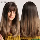 Генри MARGU длинные прямые синтетические парики с челкой Косплэй вечерние коричневый блонд с эффектом деграде (переход от темного к светлому), парики для Для женщин термостойкие волокна