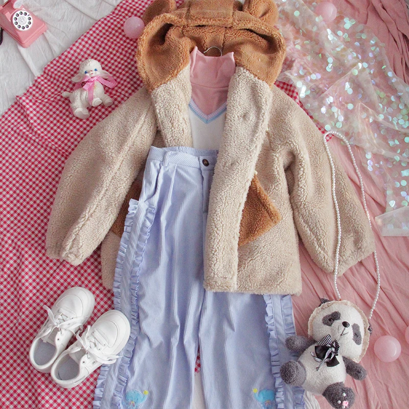 

HWLZLTZHT Lambswool Hooded Jacket Women Winter Japanese Preppy Sweet Cute Hoodies Coat Girl Button Overcoat Student Tops