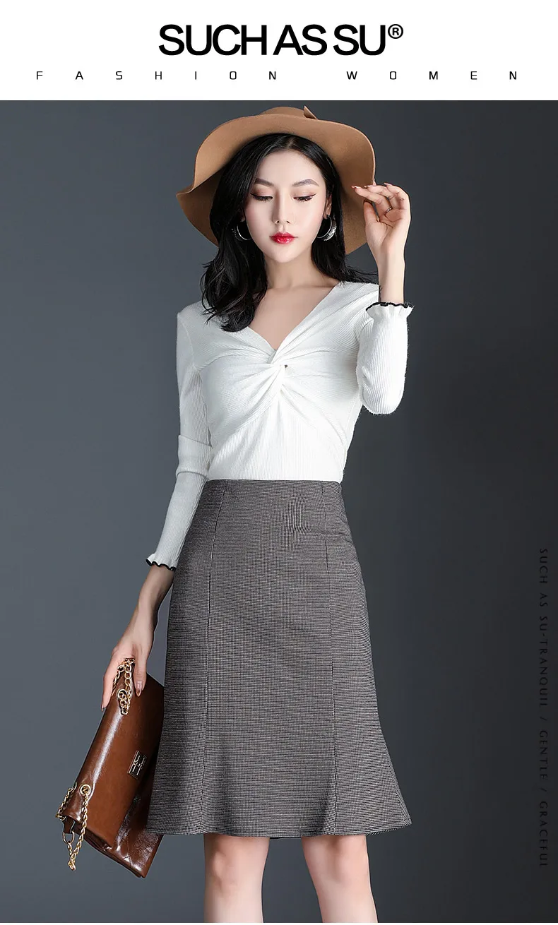 New Fall Winter Knit Skirt Women Gray Lattice High Waist Ruffle Mermaid Skirt S-3XL Plus Size Pencil Skirt Female