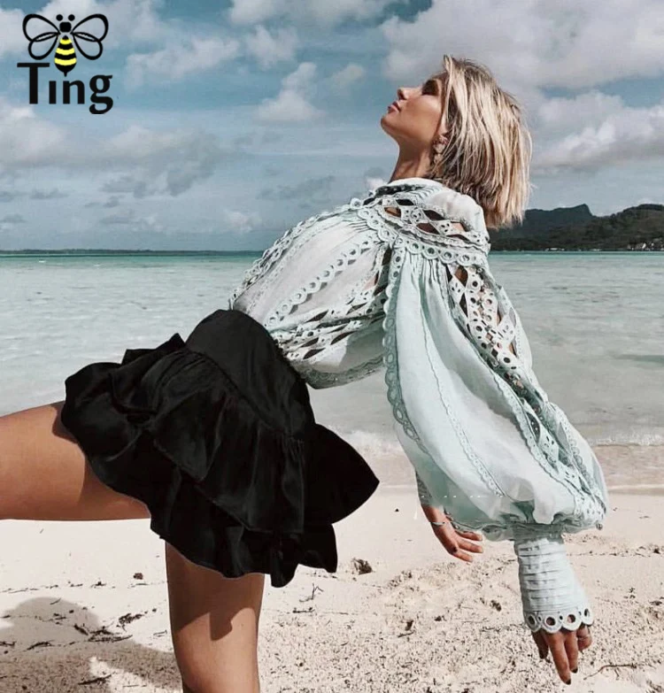 Tingfly Designer Runway Stand Open Collar Rivet Blouse Women Casual Full Lantern Sleeve Hollow Cut Out Shirt TopS Female Shirt