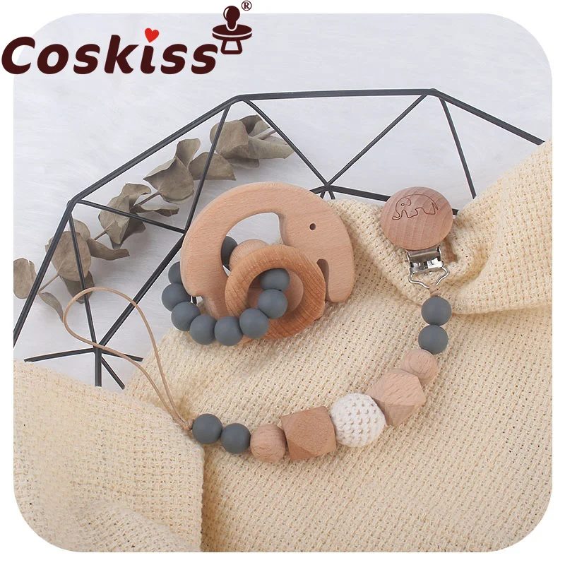 

Coskiss Baby Rattles Set Elephant Teether Bracelet Beech Wooden Pacifier Clip Holder Chain BPA Free Nursing Toys Gift
