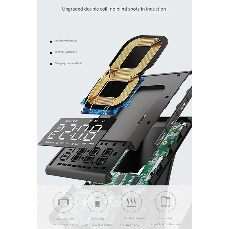 

Bluetooth 10W Fast Wireless Charger Speaker with Charging Dock Stand Fm Radio USB LED Alarm Clock