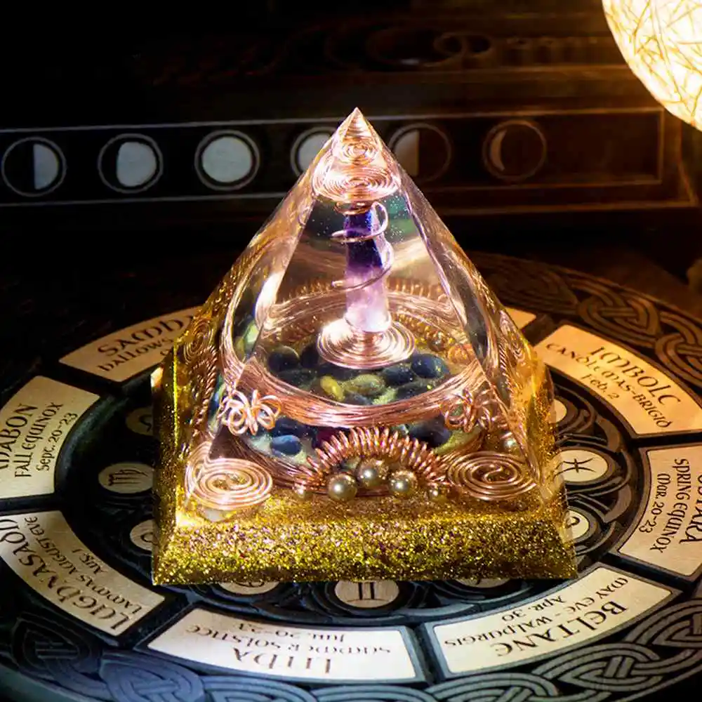 High Frequency Reiki Divination Tarot Orgone Pyramid Natural Amethyst Orgonite | Copper Coil Matrix Block EMF Radiation