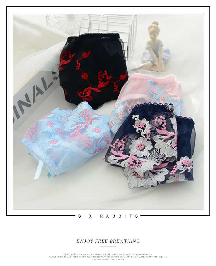 

Sexy Women's Girl Cotton Panties Thongs Lace Floral Embroidery Underwear Lady Underpants Embroidery Low Waist Transparent Briefs