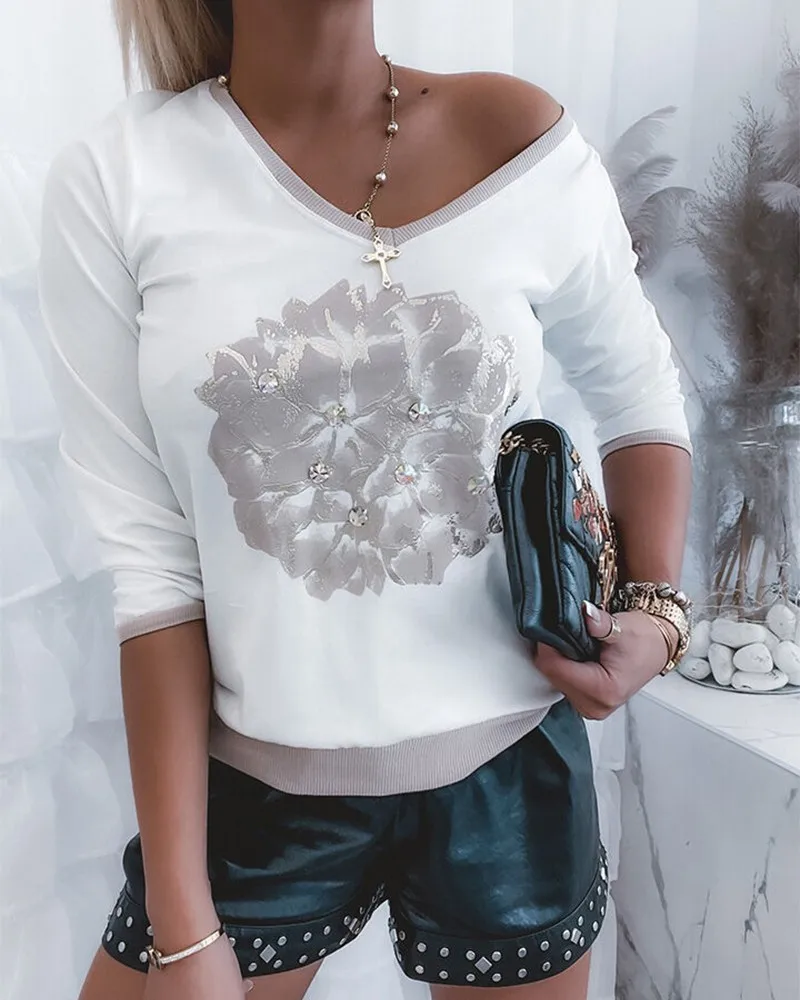 

Floral Print Rhinestone V-Neck Long Sleeve T-shirt Tops Women