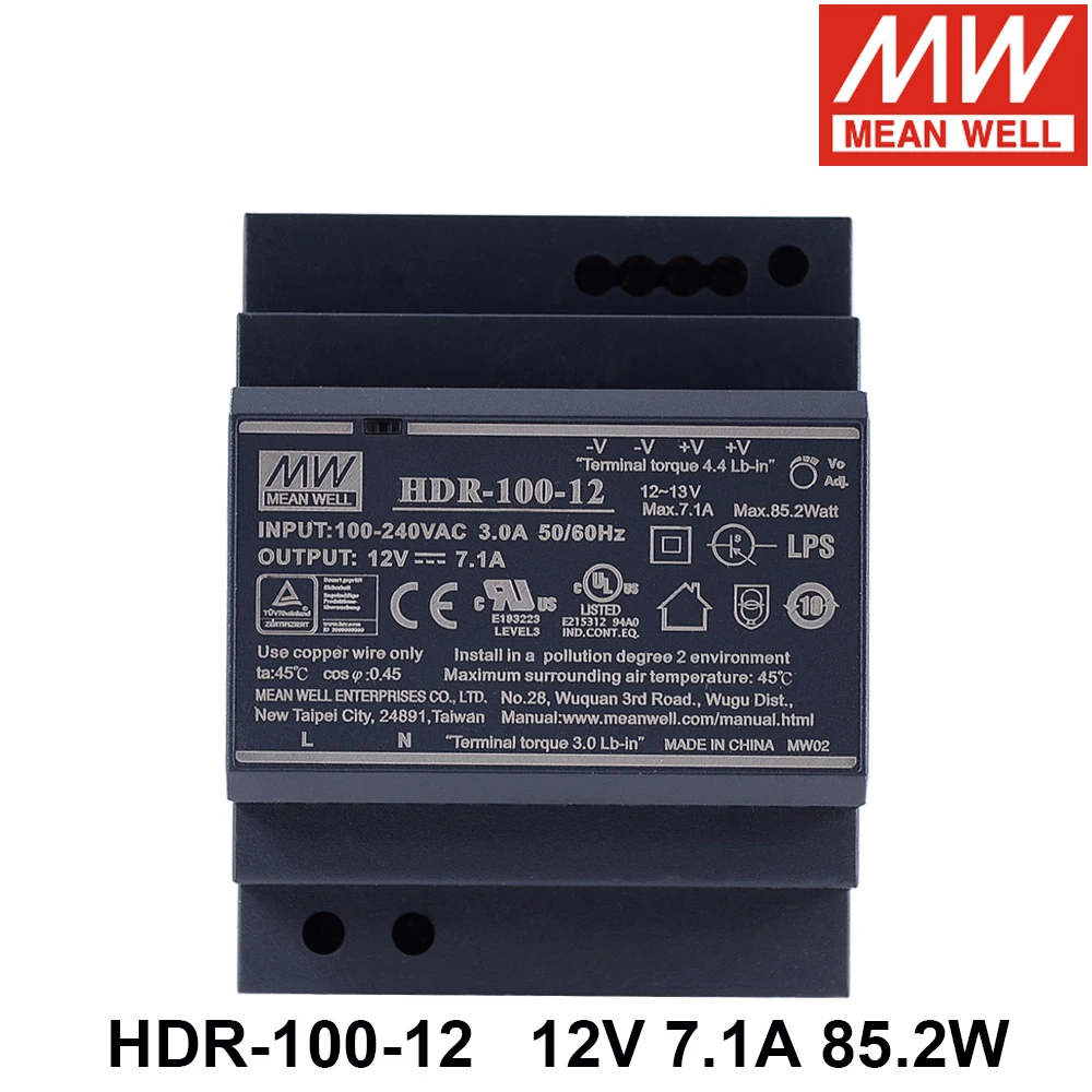 

MEAN WELL HDR-100-12 85-264V AC TO DC 12V 7.1A 85.2W Single Output DIN Rail Switching Power Supply Meanwell HDR-100 Solid SMPS