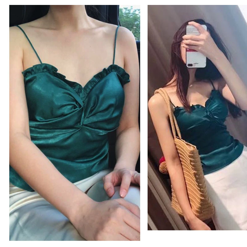 

Green Sexy Lace Camisole Paillett Femme Tank Top Women Pleated Camisetas Mujer Bralette Wild Bottoming Fitness Workout Clothes