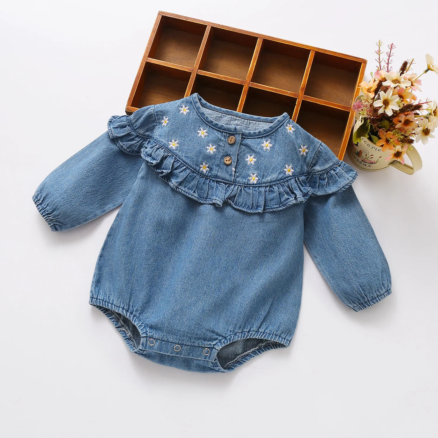 

Newborn Baby Jumpsuit Daisy Denim Toddler Romper Ruffles Spring 2021 Infant Girls Clothes Long Sleeve Baby Playsuit Cotton 0-2Y