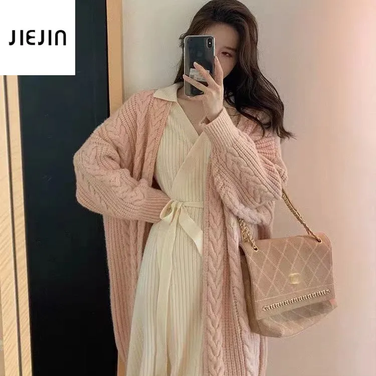 

Pink Knit Cardigan Casual Long Knitted Cardigan Women Vintage Loose Sweater Korean Fashion Solid Color Knitted Outerwear Female