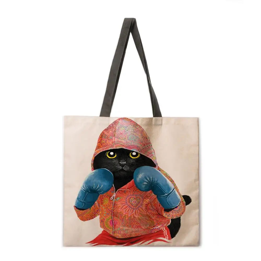 

Boxing cat ladies casual tote bag foldable shopping bag lady shoulder bag lady handbag fashion beach bag