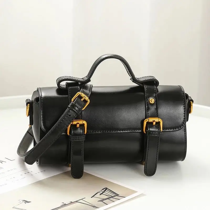 

Free shipping genuine leather handbags retro waxed leather cylindrical bag portable diagonal shoulder bag l ladies waist bag